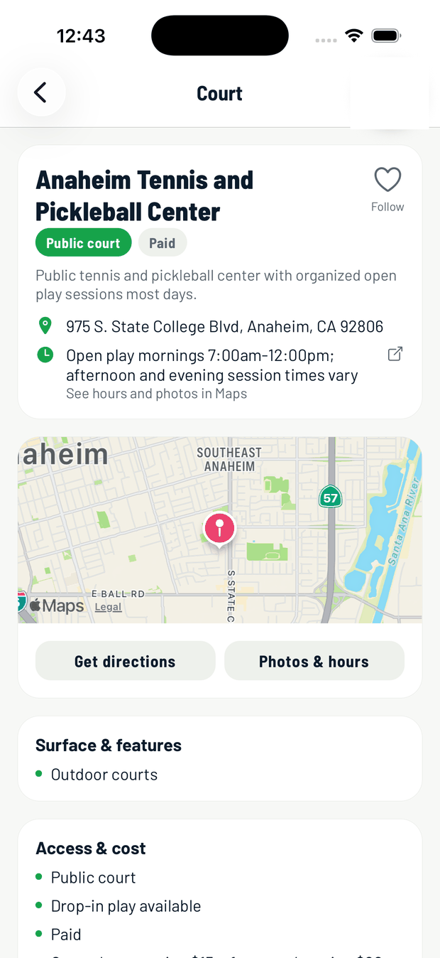 Court page for Anaheim Tennis and Pickleball Center with address, hours, map and directions