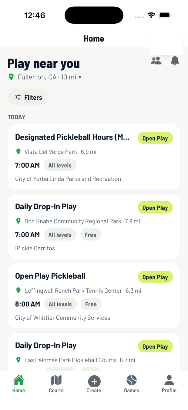 Open play sessions and games near Fullerton, California, with times and levels