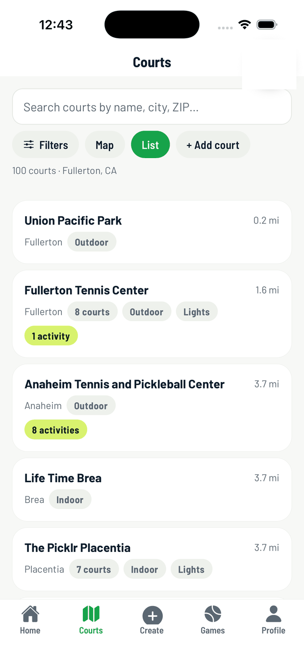 A list of nearby courts with distance, number of courts and lights
