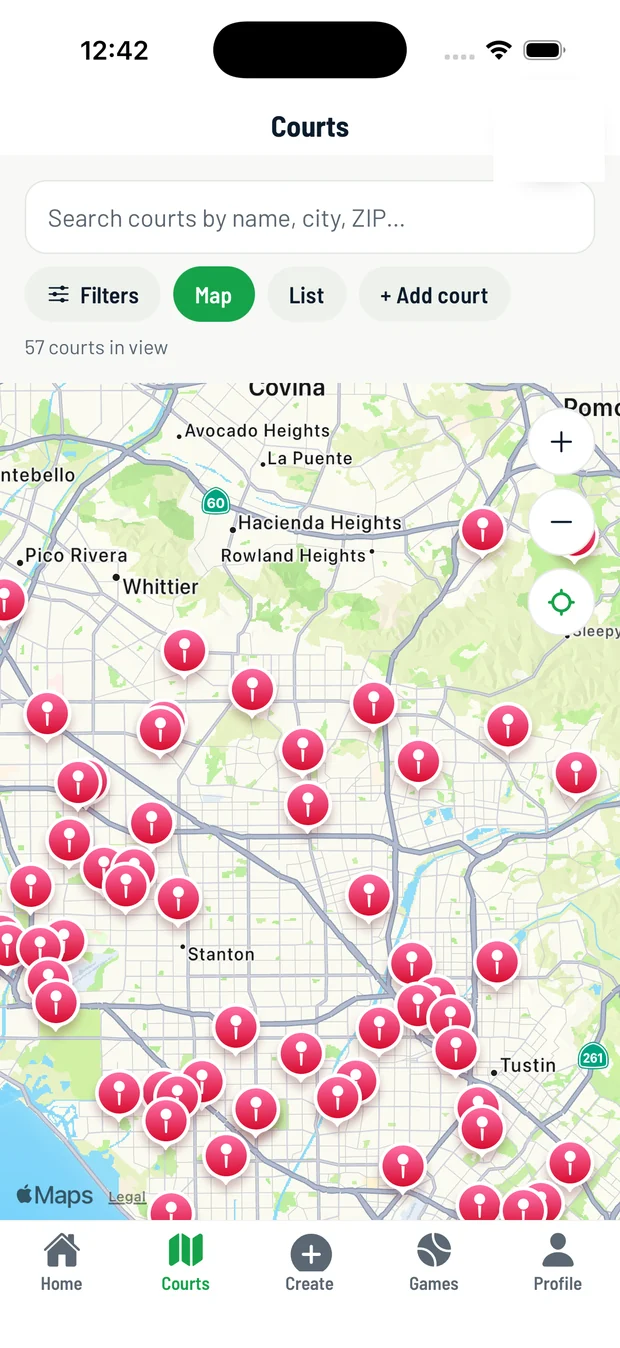 Map of pickleball courts across Los Angeles and Orange County, with 57 courts in the current view